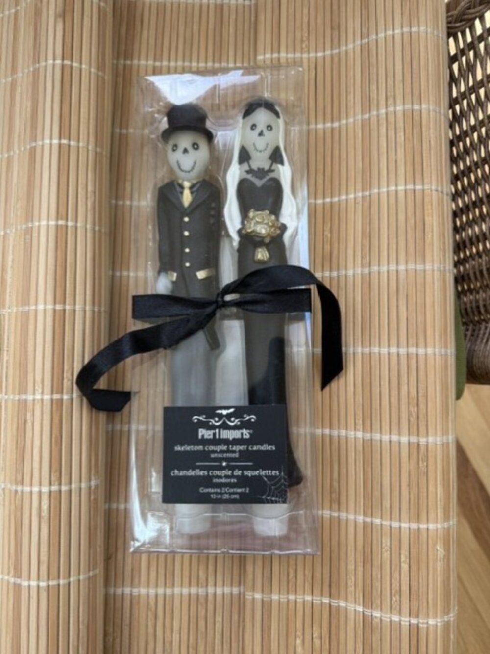 VINTAGE Pier 1 Halloween Skeleton Wedding Couple Bride & Groom Taper Candles 10"